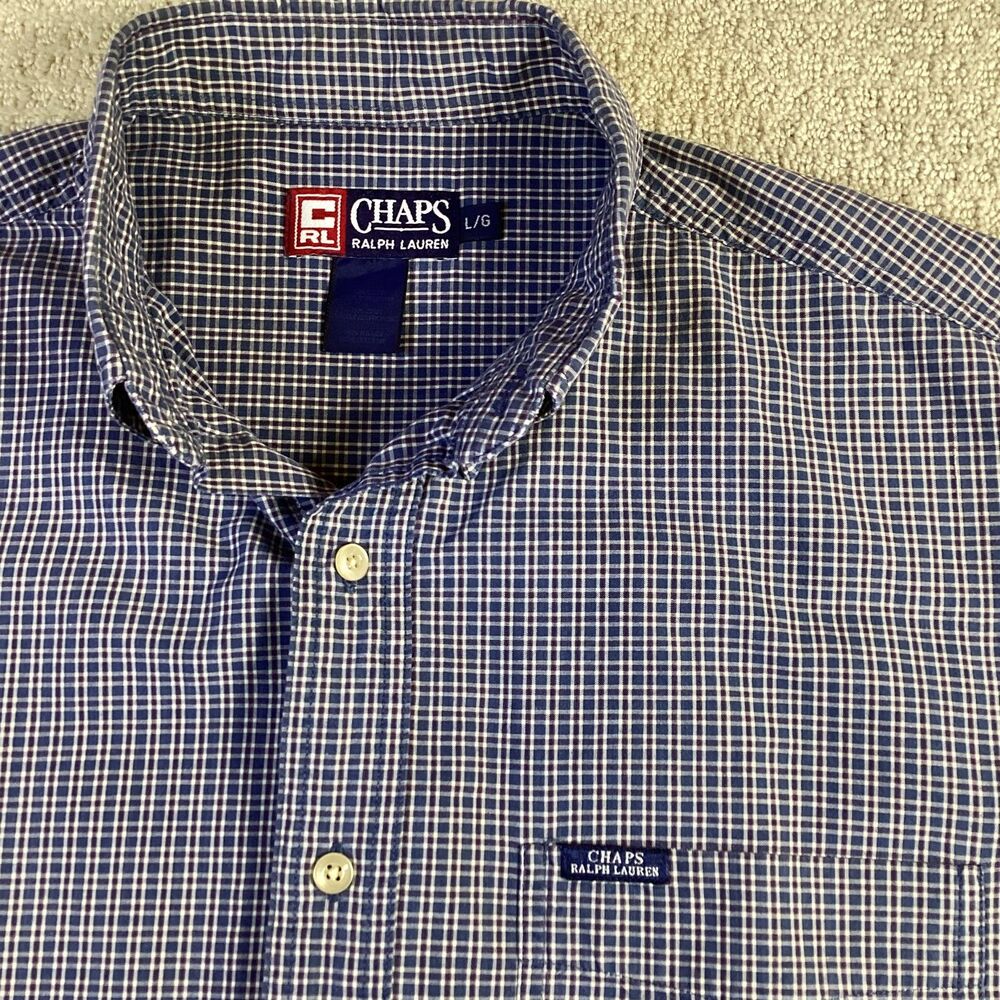 Chaps Ralph Lauren Mens Large Navy Blue White Micro Check Button Down Shirt L/G - Picture 4 of 5